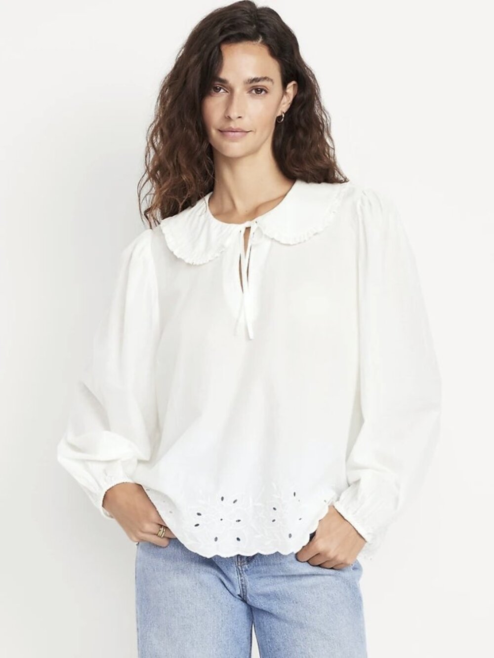 Ruffle-Collar Cutwork Top Peter Pan Collared Eyelet Tie Neck Keyhole Blouse M